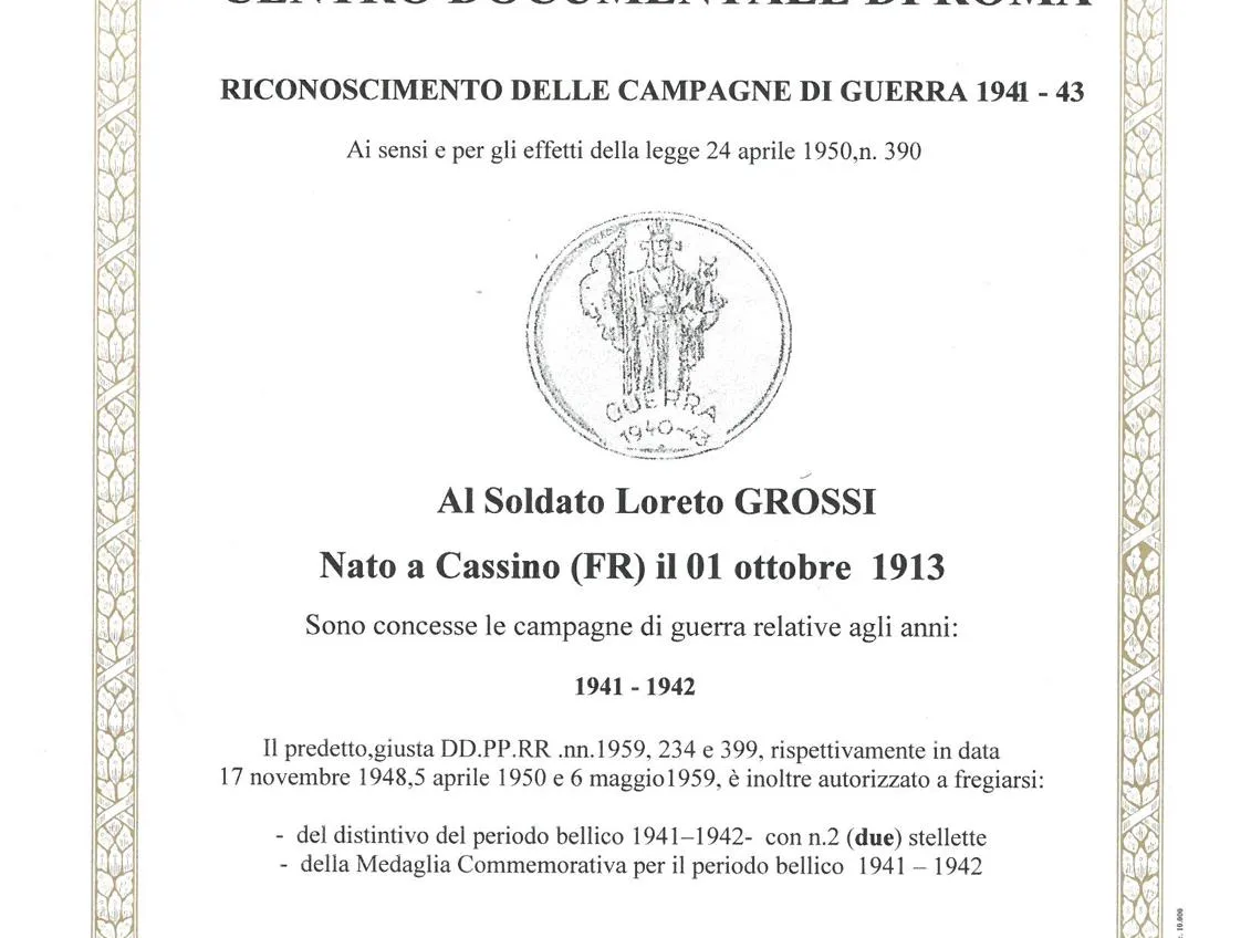 Loreto Grossi: una medaglia, una vita, una memoria che arriva fino a Cassino