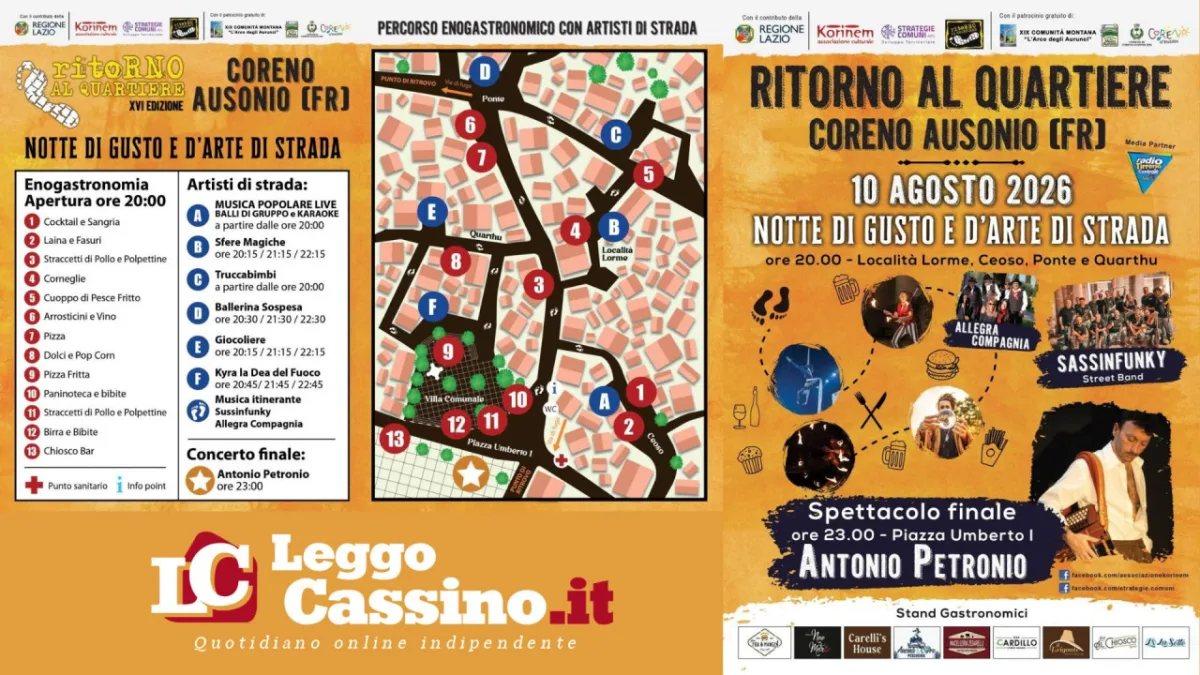 Coreno Ausonio, conto alla rovescia per “Ritorno al Quartiere”: gusto, musica e artisti di strada