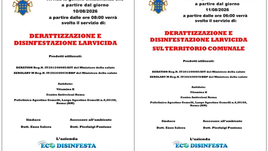 Derattizzazione e disinfestazione larvale in programma il 10 e 11 agosto