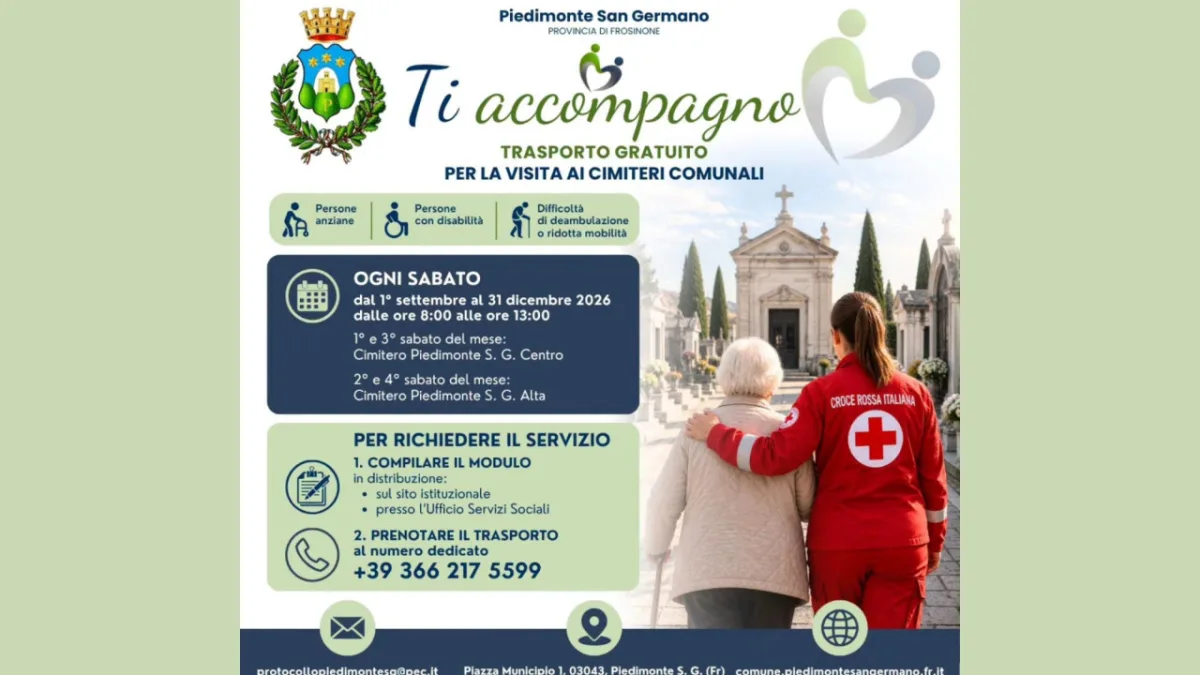 “Ti accompagno”, al via a Piedimonte San Germano il servizio gratuito per raggiungere i cimiteri comunali